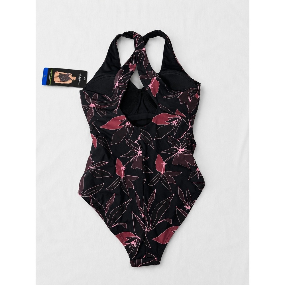 Eddie Bauer Ruched Shaping One Piece Swimsuit Floral Black Pink UV Protection L